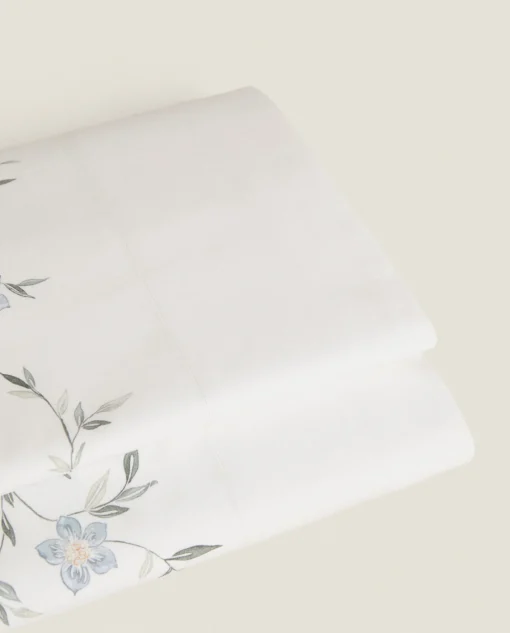 Flat Sheets*ZARA Home Blue Floral Print Flat Sheet Oyster White