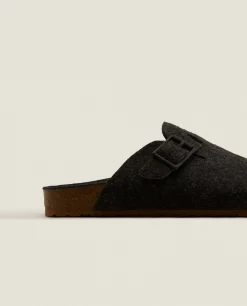 Man*ZARA Home Buckled Felt Mule Clog Slippers Brown