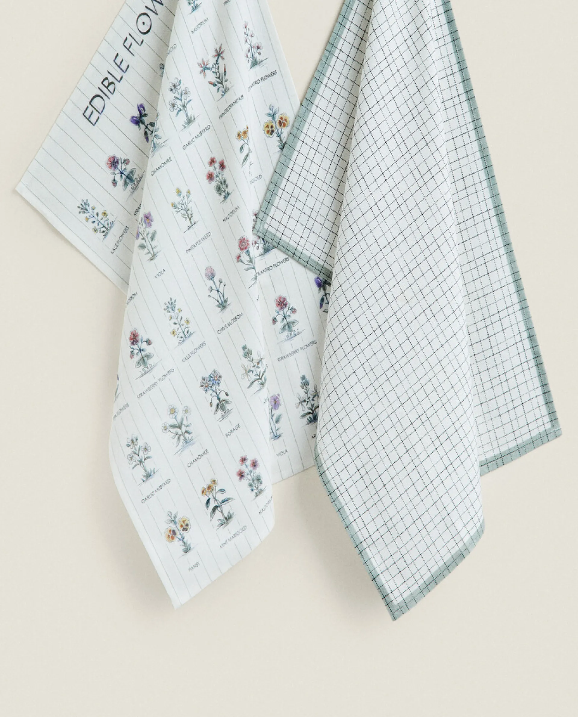 Garden*ZARA Home Check And Floral Print Cotton Tea Towel (Pack Of 2) Blue