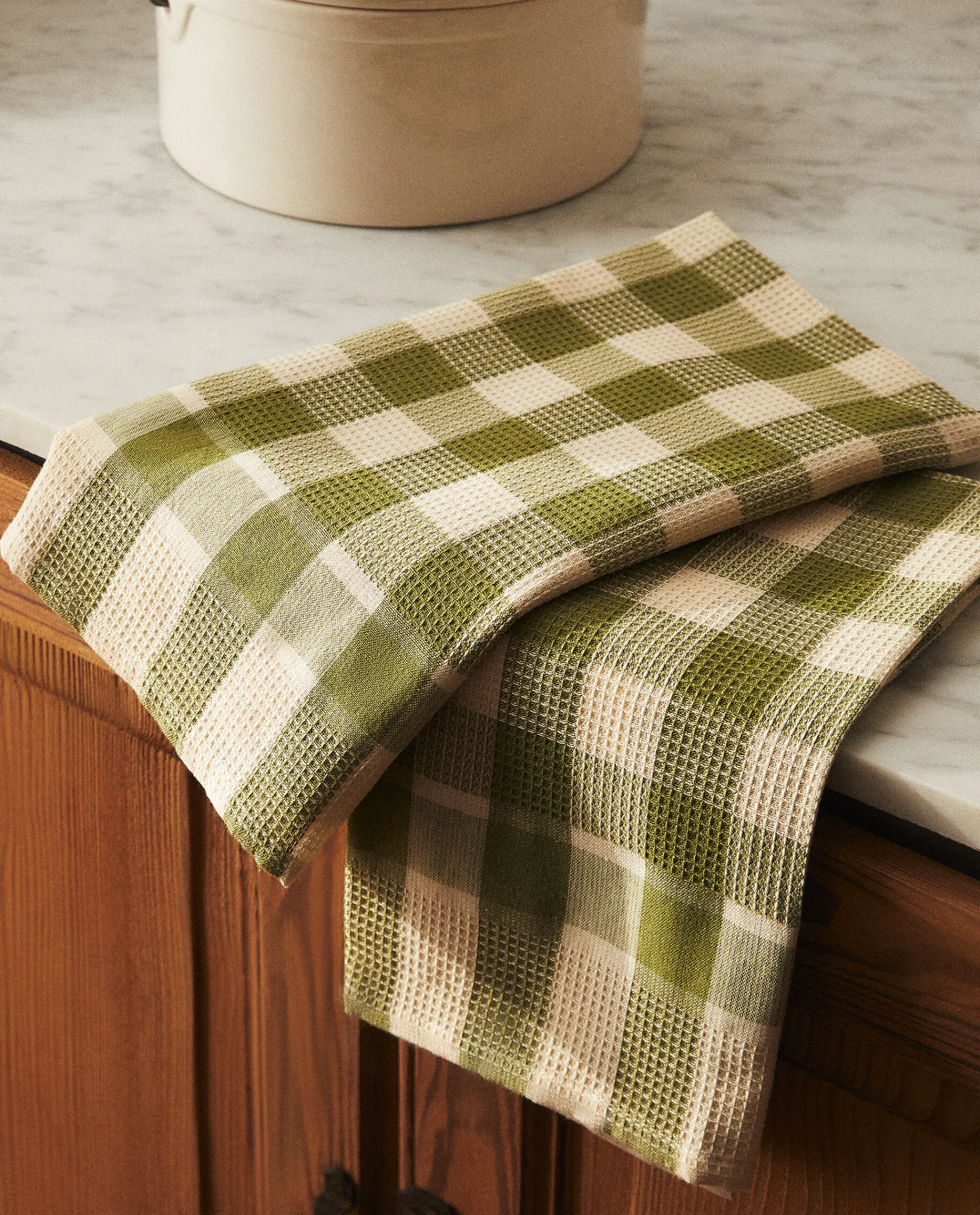 Kitchen Towels, Aprons And Bags*ZARA Home Check Waffle Kitchen Towel (Pack Of 2) Green