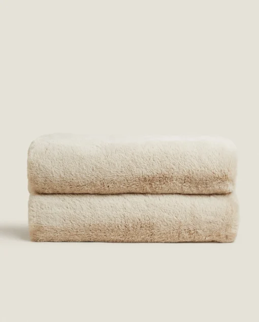 Blankets*ZARA Home Double-Textured Faux Fur Blanket Beige