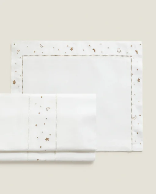 Crib Bedding*ZARA Home Embroidered Moon And Star Flat Sheet Set Taupe