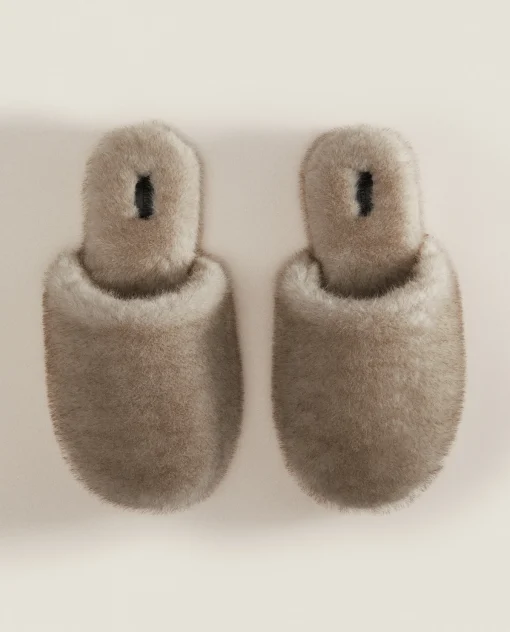 Woman*ZARA Home Faux Fur Mule Slippers Grey