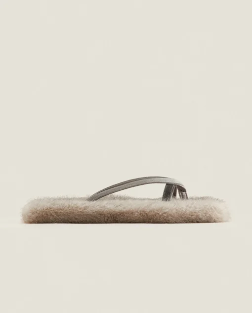 Woman*ZARA Home Faux Fur Sandal Slippers Grey