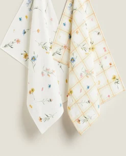 Kitchen Towels, Aprons And Bags*ZARA Home Floral Print Cotton Kitchen Towel (Pack Of 2) Green