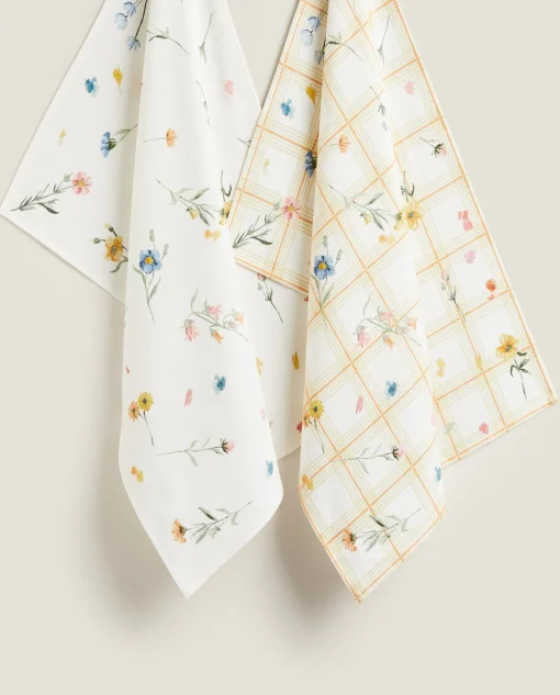 Kitchen Towels, Aprons And Bags*ZARA Home Floral Print Cotton Kitchen Towel (Pack Of 2) Green