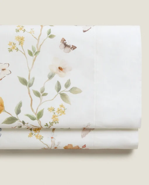Flat Sheets*ZARA Home Flower And Butterfly Print Top Sheet Oyster White