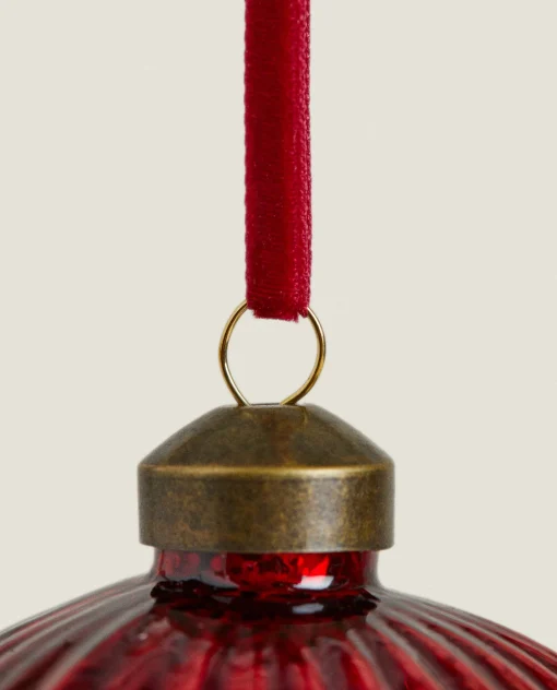 Decoration*ZARA Home Glass Christmas Bauble Decoration With Stripes Red
