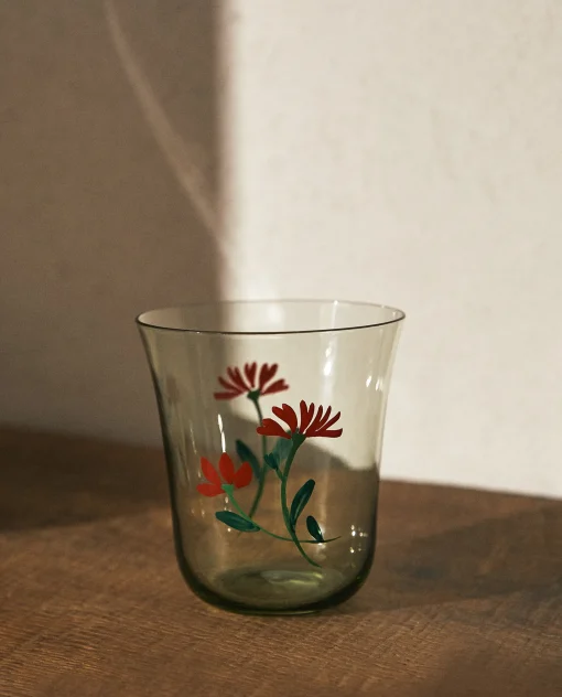 Tumblers*ZARA Home Glass Tumbler With Floral Silk Screen Grey
