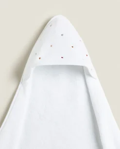 Bathroom*ZARA Home Hooded Baby Towel With Embroidered Hearts Oyster White