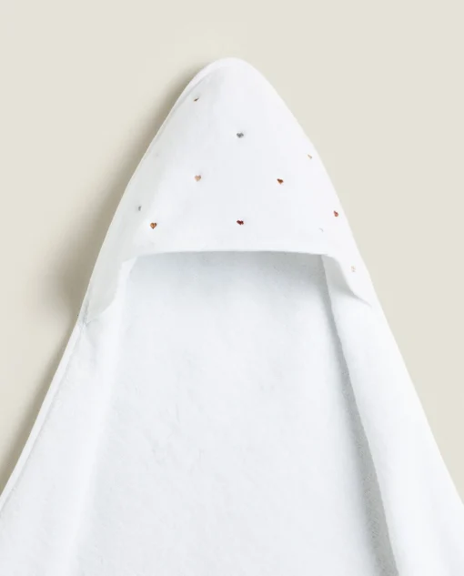 Bathroom*ZARA Home Hooded Baby Towel With Embroidered Hearts Oyster White