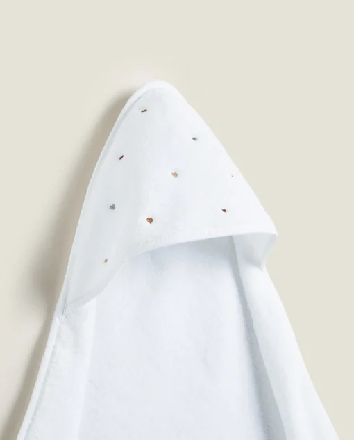Bathroom*ZARA Home Hooded Baby Towel With Embroidered Hearts Oyster White