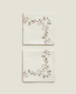 Dining*ZARA Home Pack Of Jacquard Cotton Napkins With Christmas Holly Red