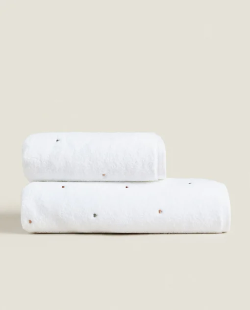 Bathroom*ZARA Home Towel With Embroidered Hearts Oyster White