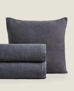 Bedspreads*ZARA Home Washed Linen Bedspread (400 Gsm) Mid-Blue