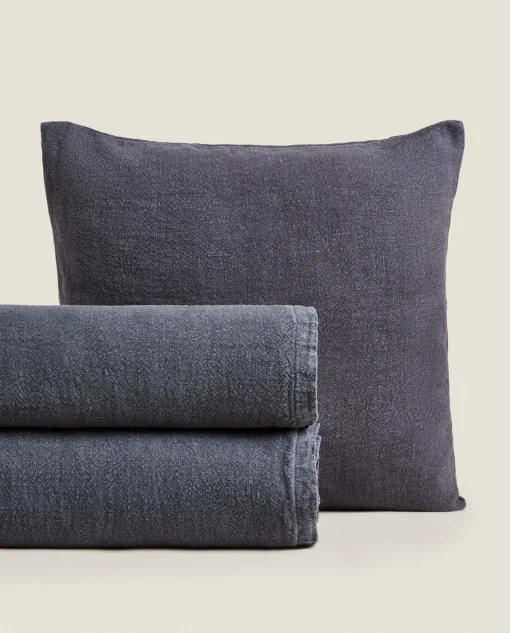 Bedspreads*ZARA Home Washed Linen Bedspread (400 Gsm) Mid-Blue