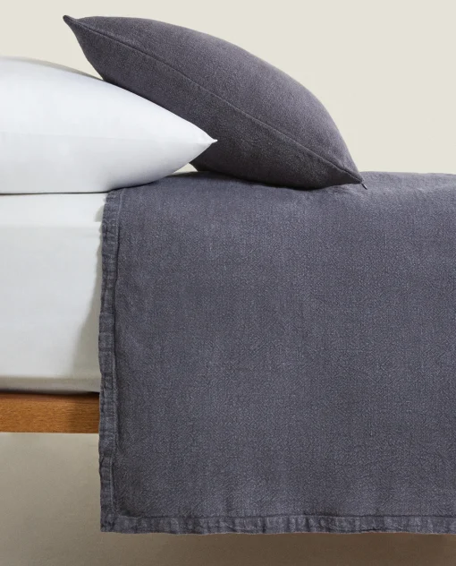Bedspreads*ZARA Home Washed Linen Bedspread (400 Gsm) Mid-Blue