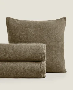 Bedspreads*ZARA Home Washed Linen Bedspread (400 Gsm) Khaki