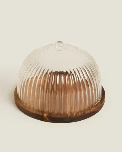 Borosilicate Glass*ZARA Home Wooden And Glass Cake Plate Transparent
